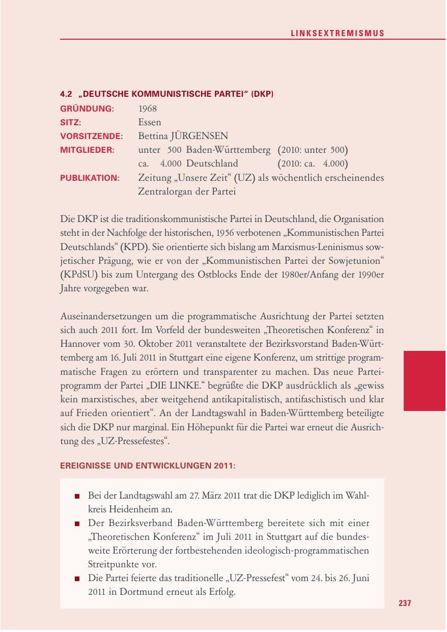 Seite 238 des Verfassungsschutzbericht 2011 Baden-Württemberg