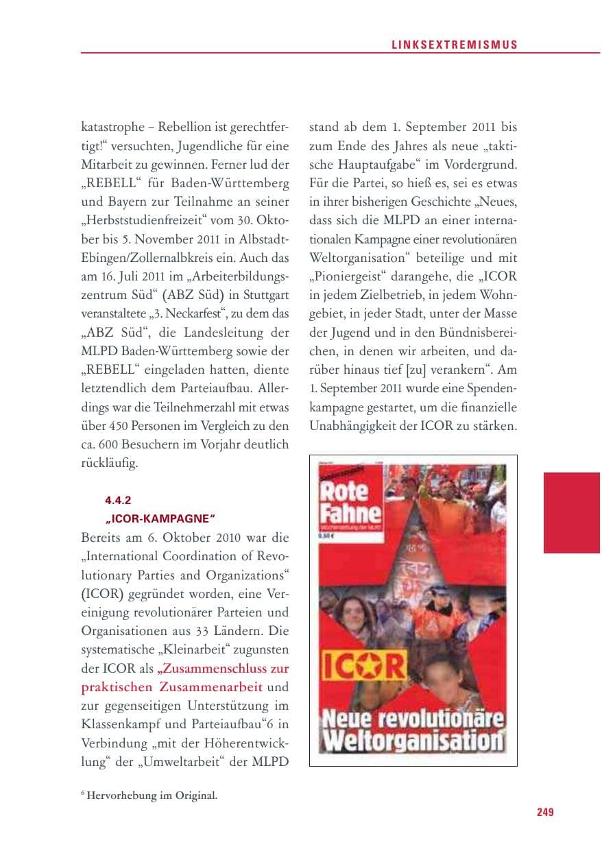 Seite 250 des Verfassungsschutzbericht 2011 Baden-Württemberg