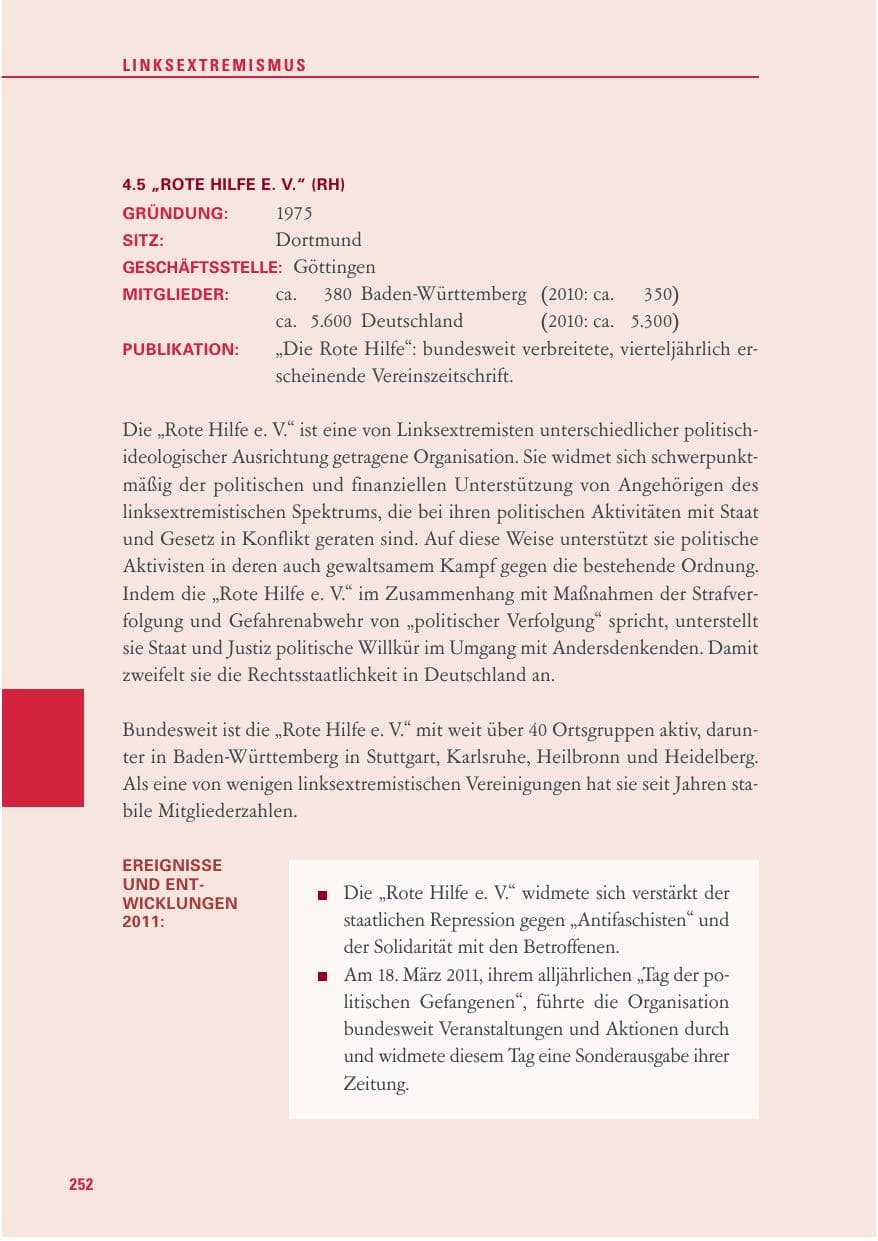 Seite 253 des Verfassungsschutzbericht 2011 Baden-Württemberg
