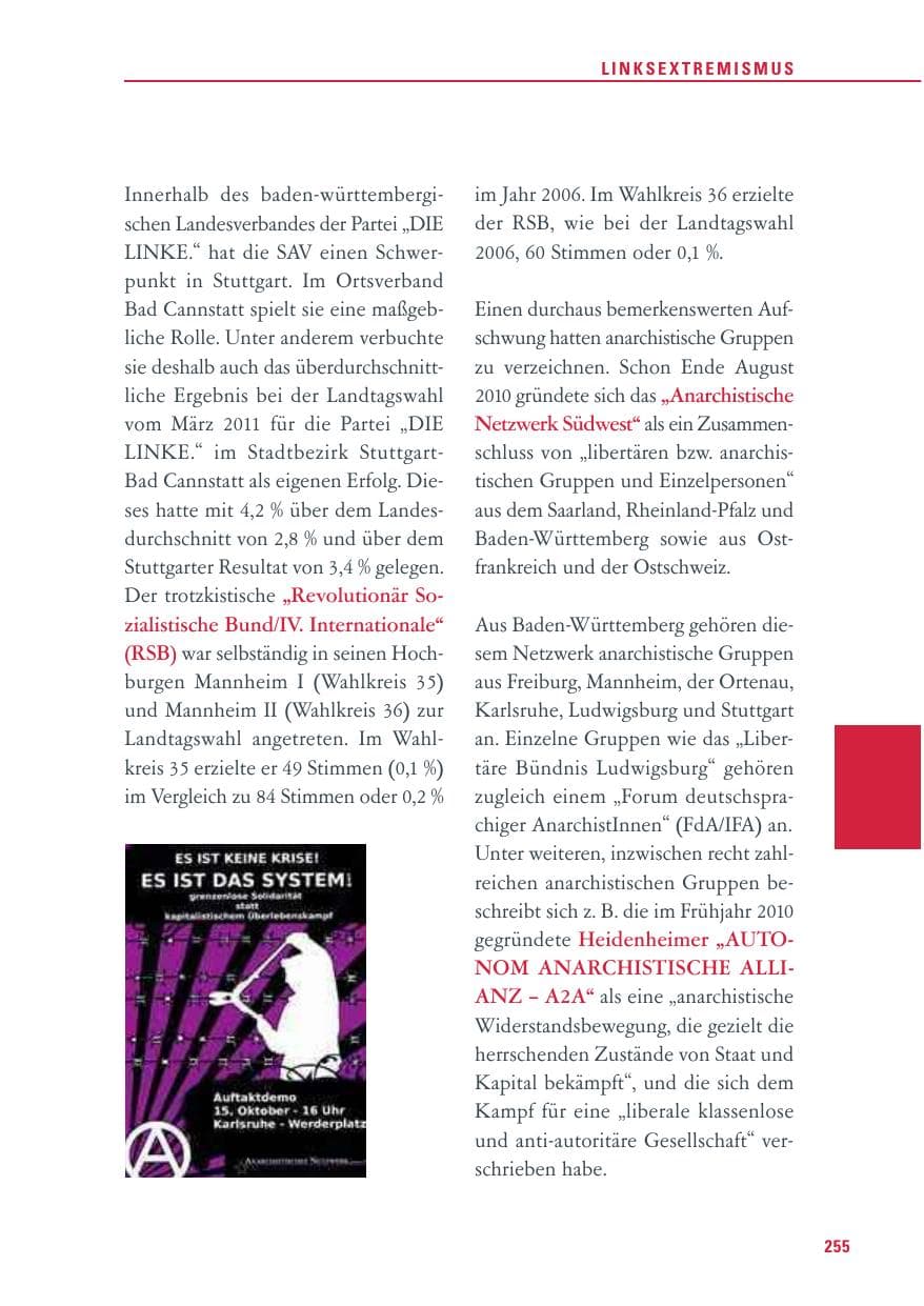 Seite 256 des Verfassungsschutzbericht 2011 Baden-Württemberg