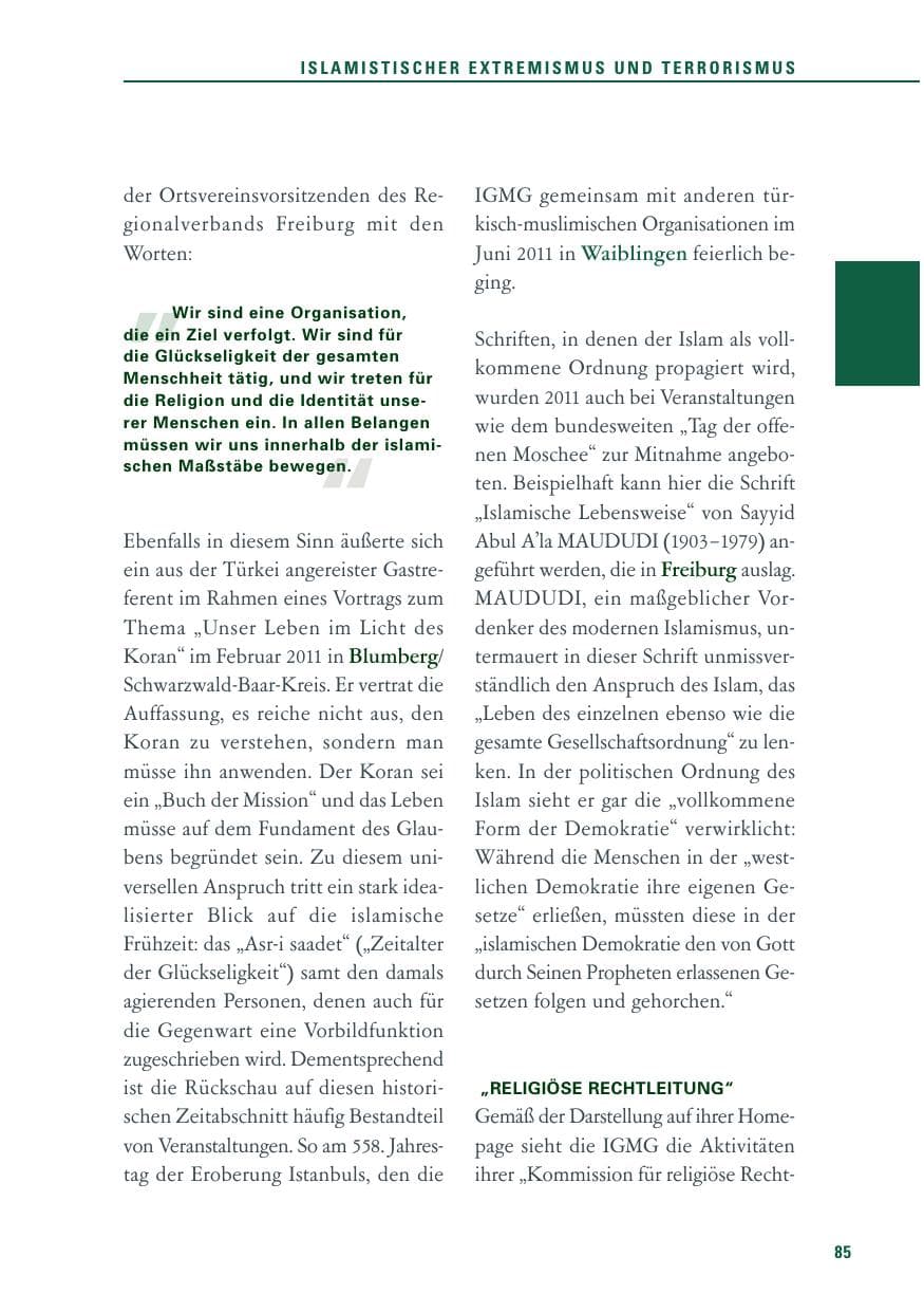 Seite 86 des Verfassungsschutzbericht 2011 Baden-Württemberg