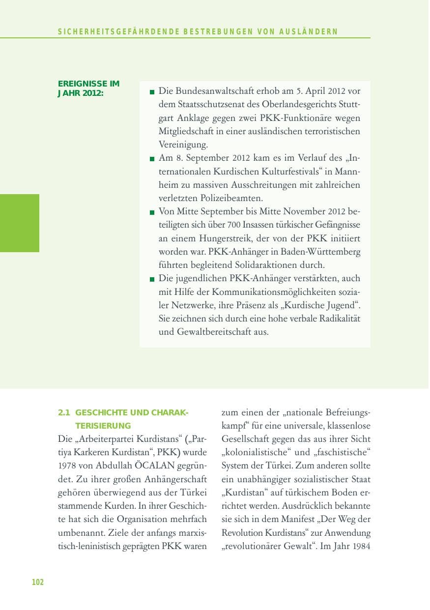 Seite 102 des Verfassungsschutzbericht 2012 Baden-Württemberg