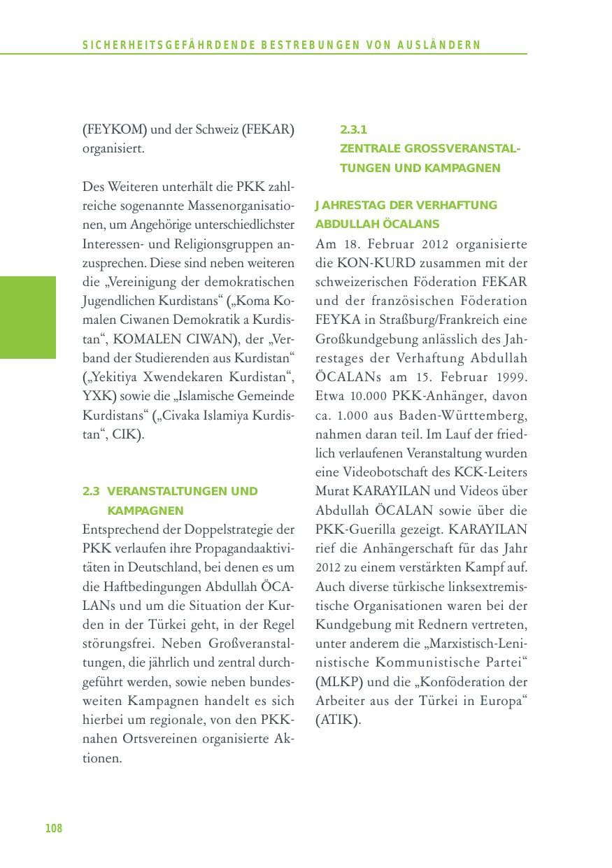 Seite 108 des Verfassungsschutzbericht 2012 Baden-Württemberg