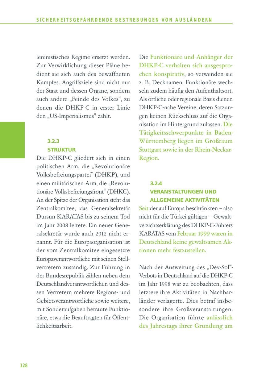 Seite 128 des Verfassungsschutzbericht 2012 Baden-Württemberg