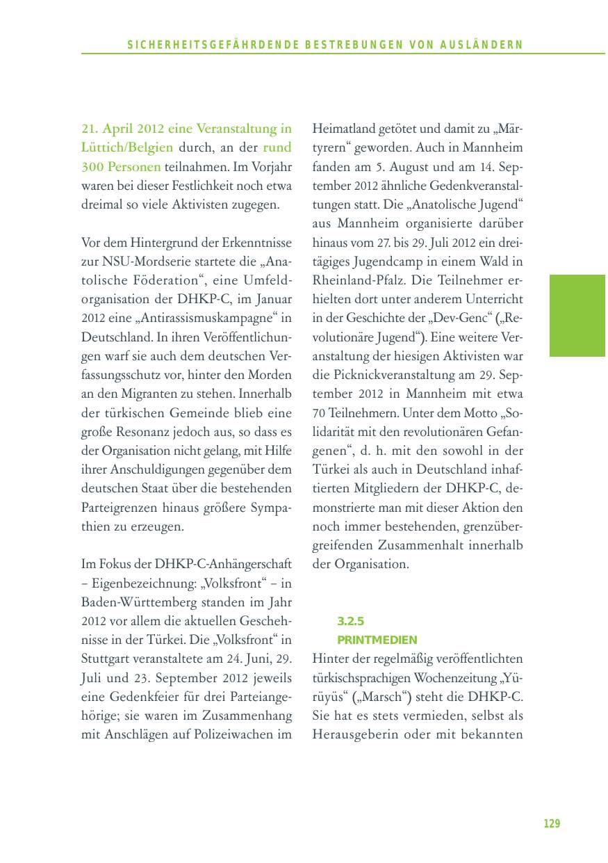 Seite 129 des Verfassungsschutzbericht 2012 Baden-Württemberg