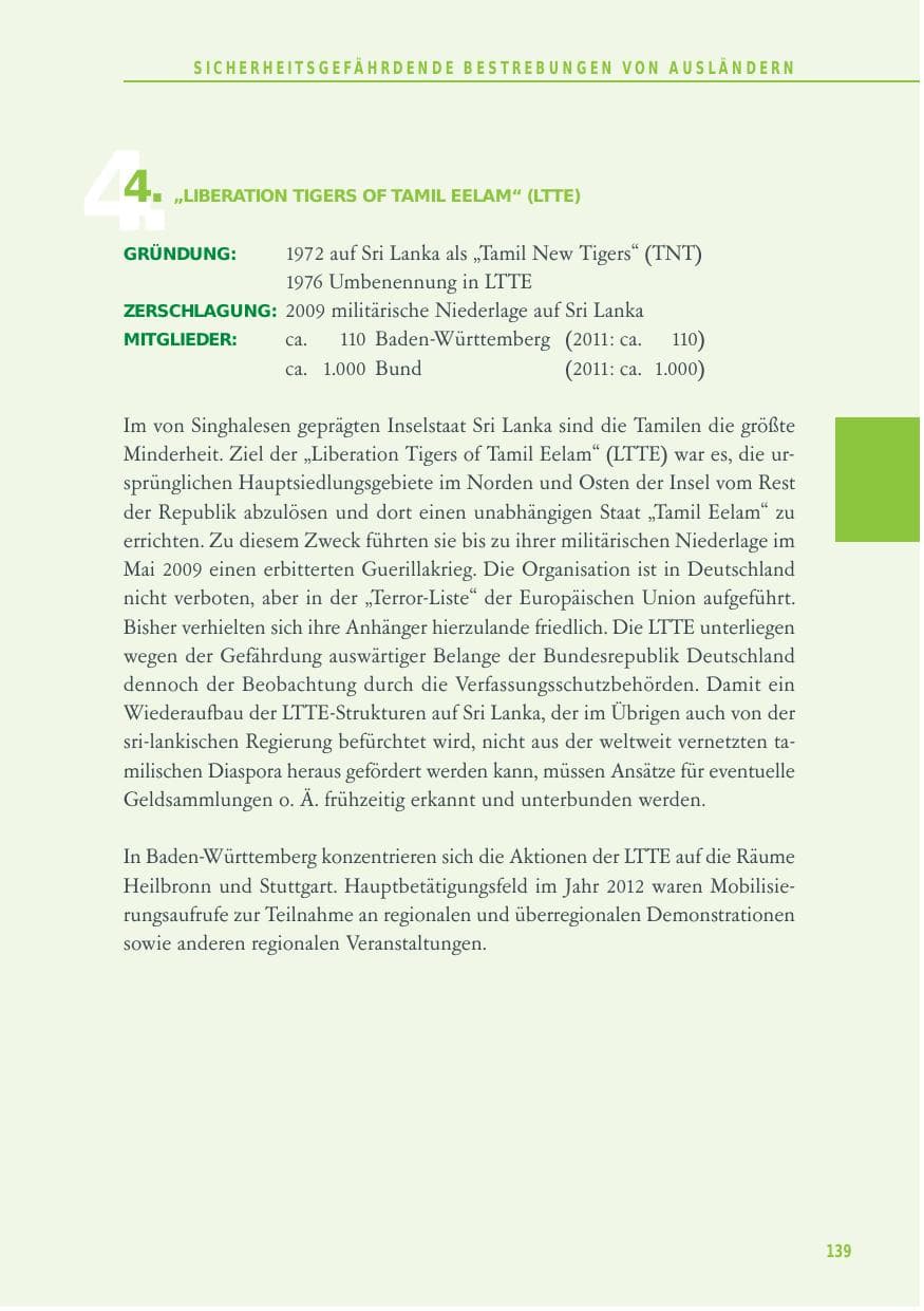 Seite 139 des Verfassungsschutzbericht 2012 Baden-Württemberg