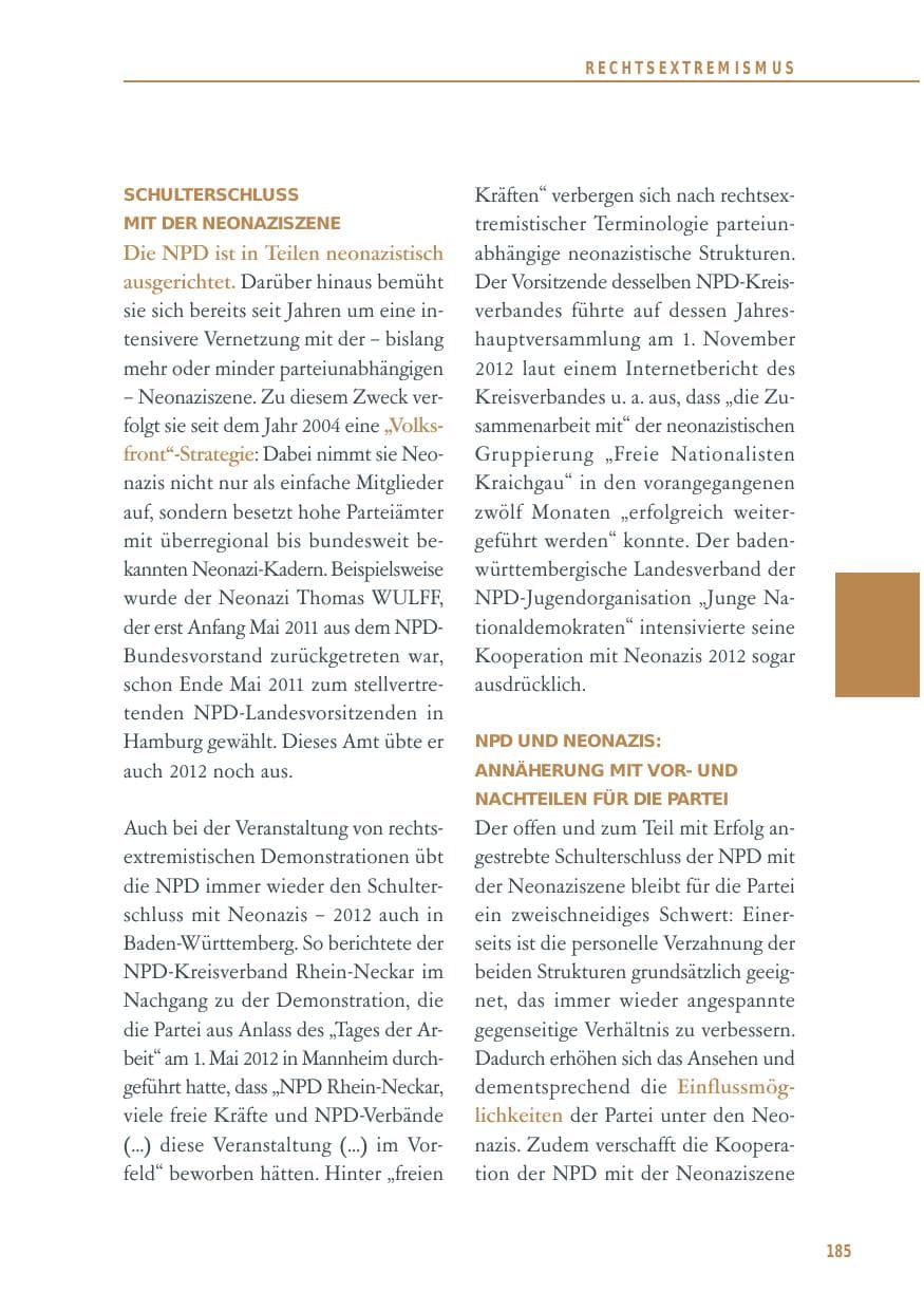 Seite 185 des Verfassungsschutzbericht 2012 Baden-Württemberg