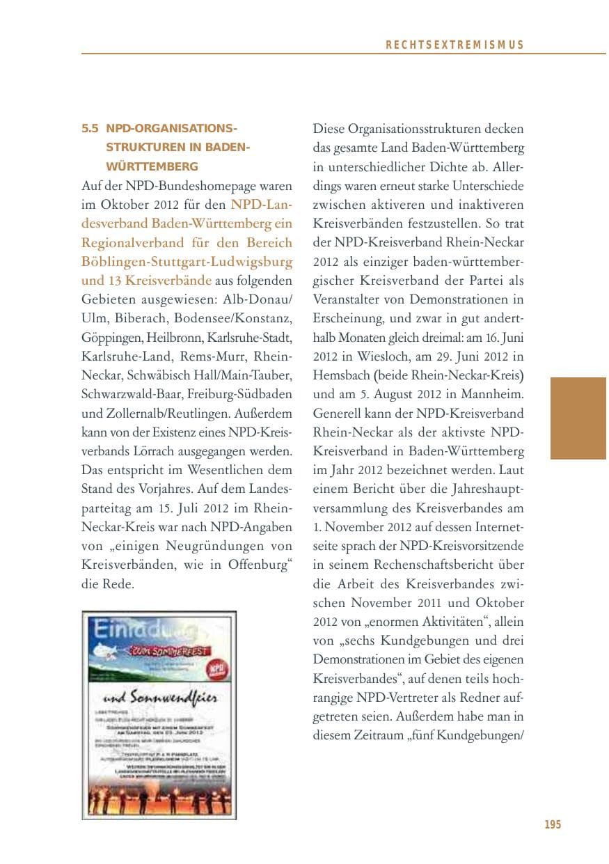 Seite 195 des Verfassungsschutzbericht 2012 Baden-Württemberg