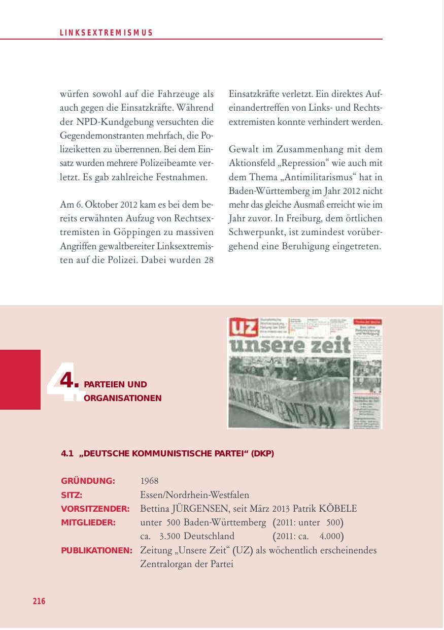 Seite 216 des Verfassungsschutzbericht 2012 Baden-Württemberg