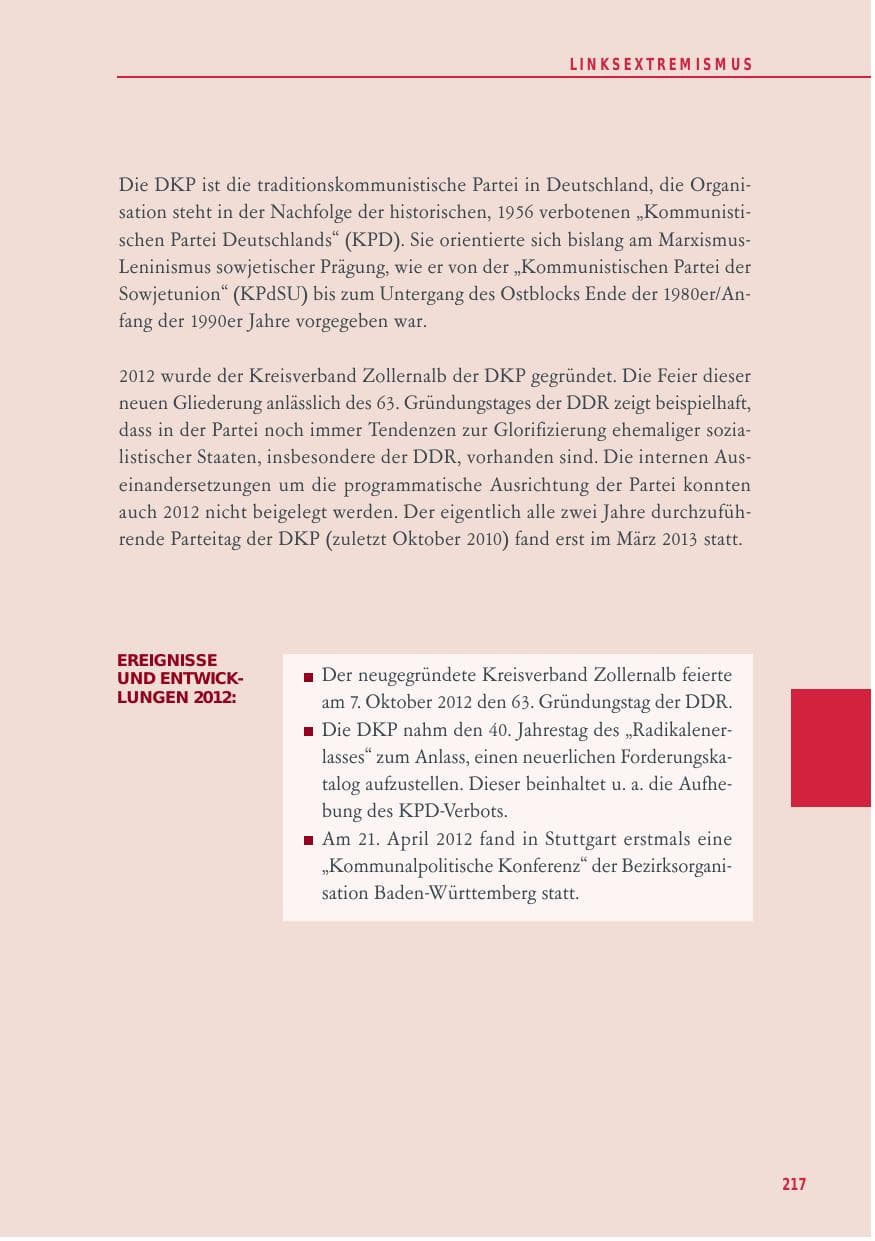 Seite 217 des Verfassungsschutzbericht 2012 Baden-Württemberg