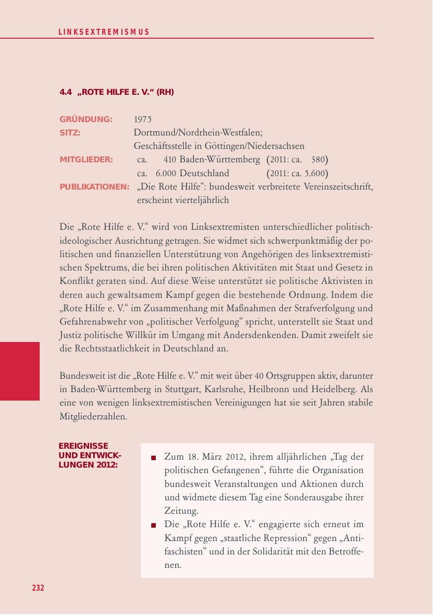 Seite 232 des Verfassungsschutzbericht 2012 Baden-Württemberg
