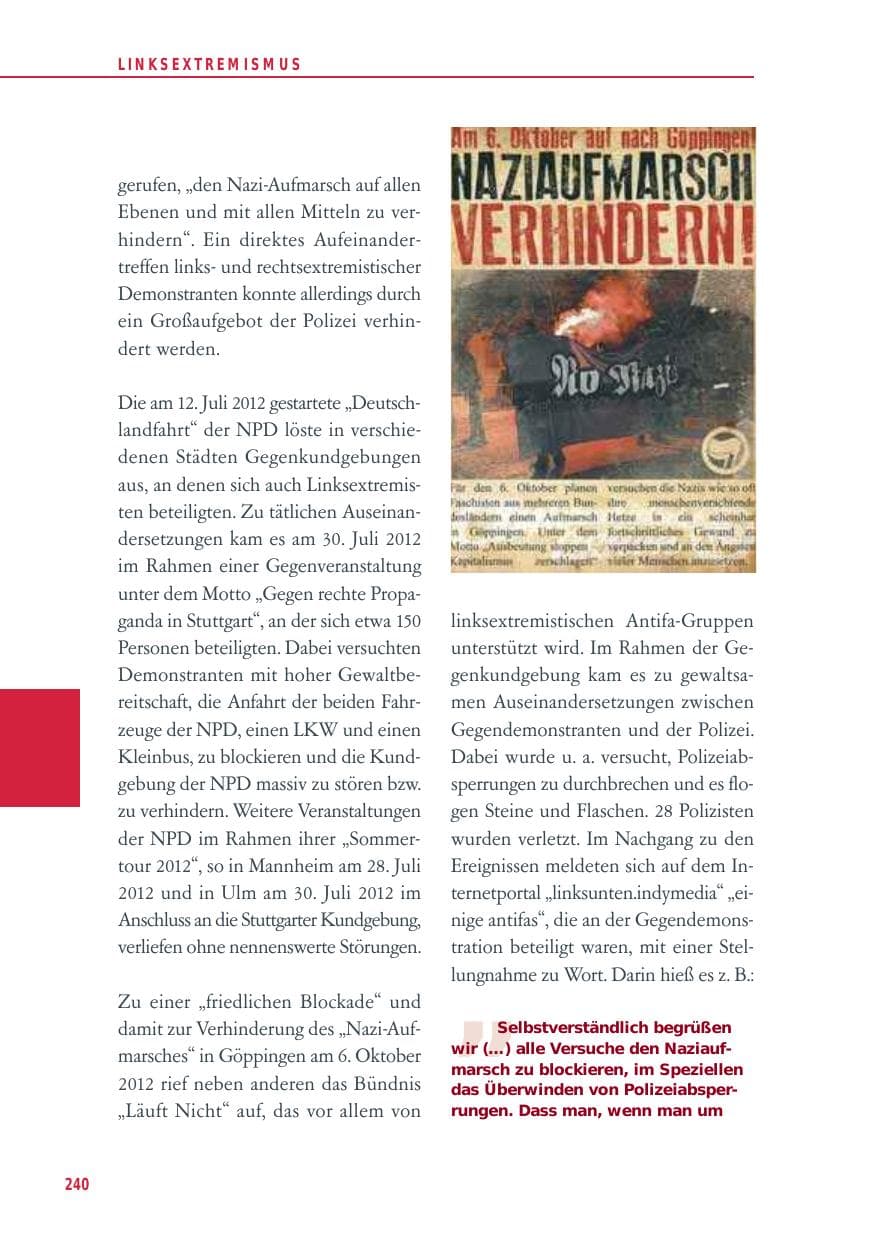 Seite 240 des Verfassungsschutzbericht 2012 Baden-Württemberg