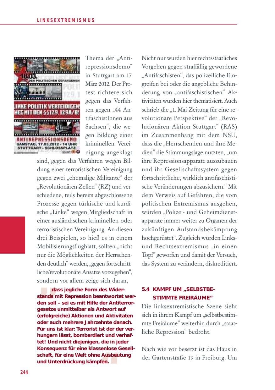 Seite 244 des Verfassungsschutzbericht 2012 Baden-Württemberg
