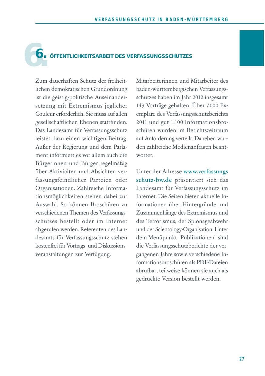 Seite 27 des Verfassungsschutzbericht 2012 Baden-Württemberg