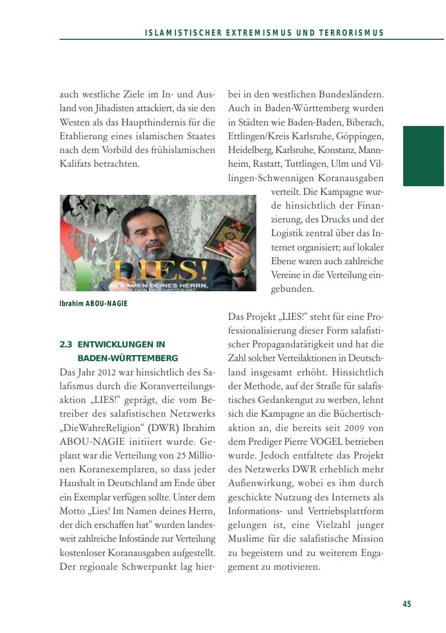 Seite 45 des Verfassungsschutzbericht 2012 Baden-Württemberg