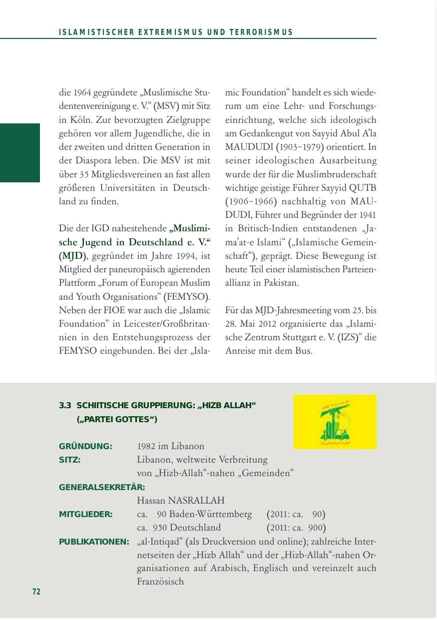 Seite 72 des Verfassungsschutzbericht 2012 Baden-Württemberg