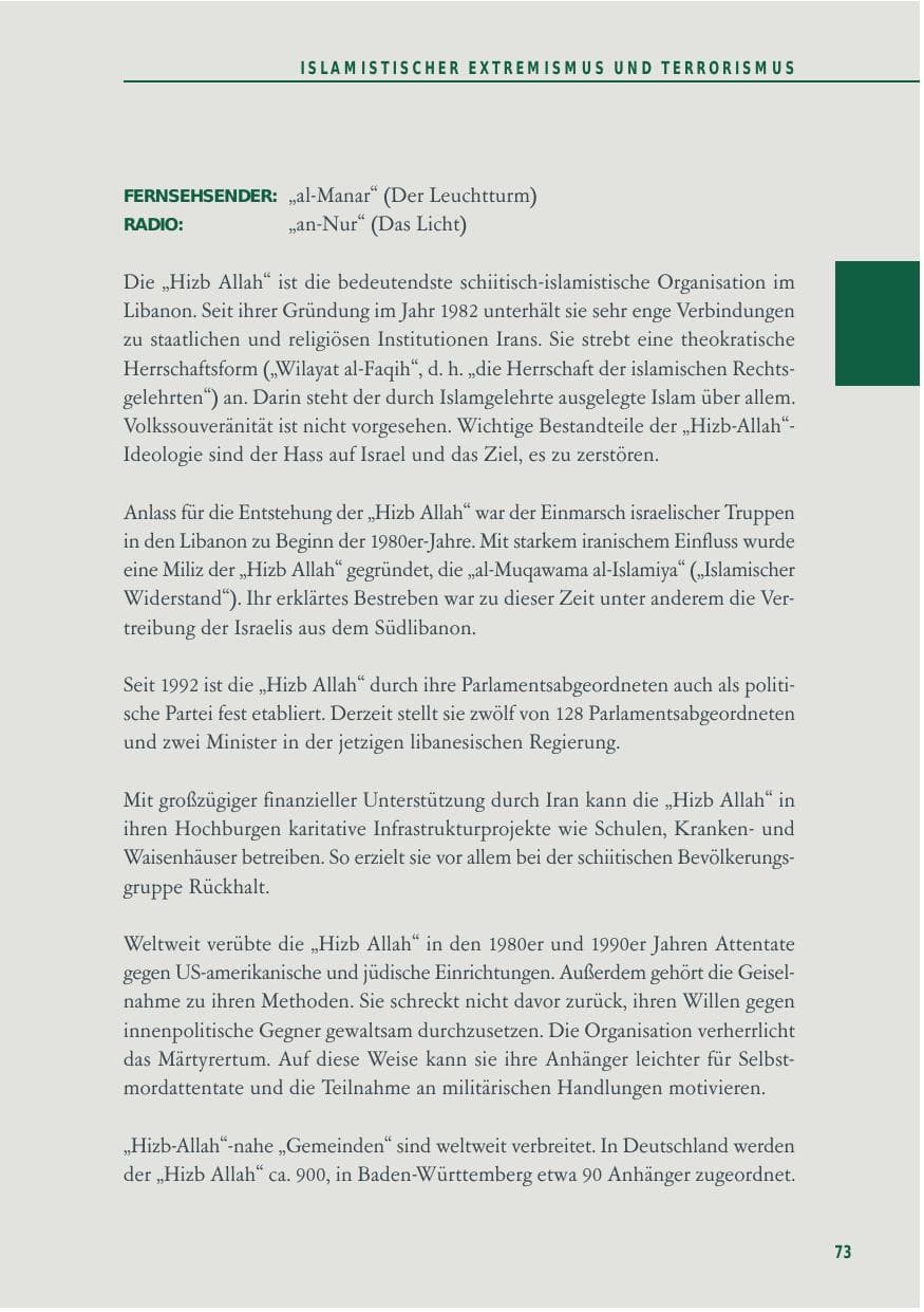 Seite 73 des Verfassungsschutzbericht 2012 Baden-Württemberg