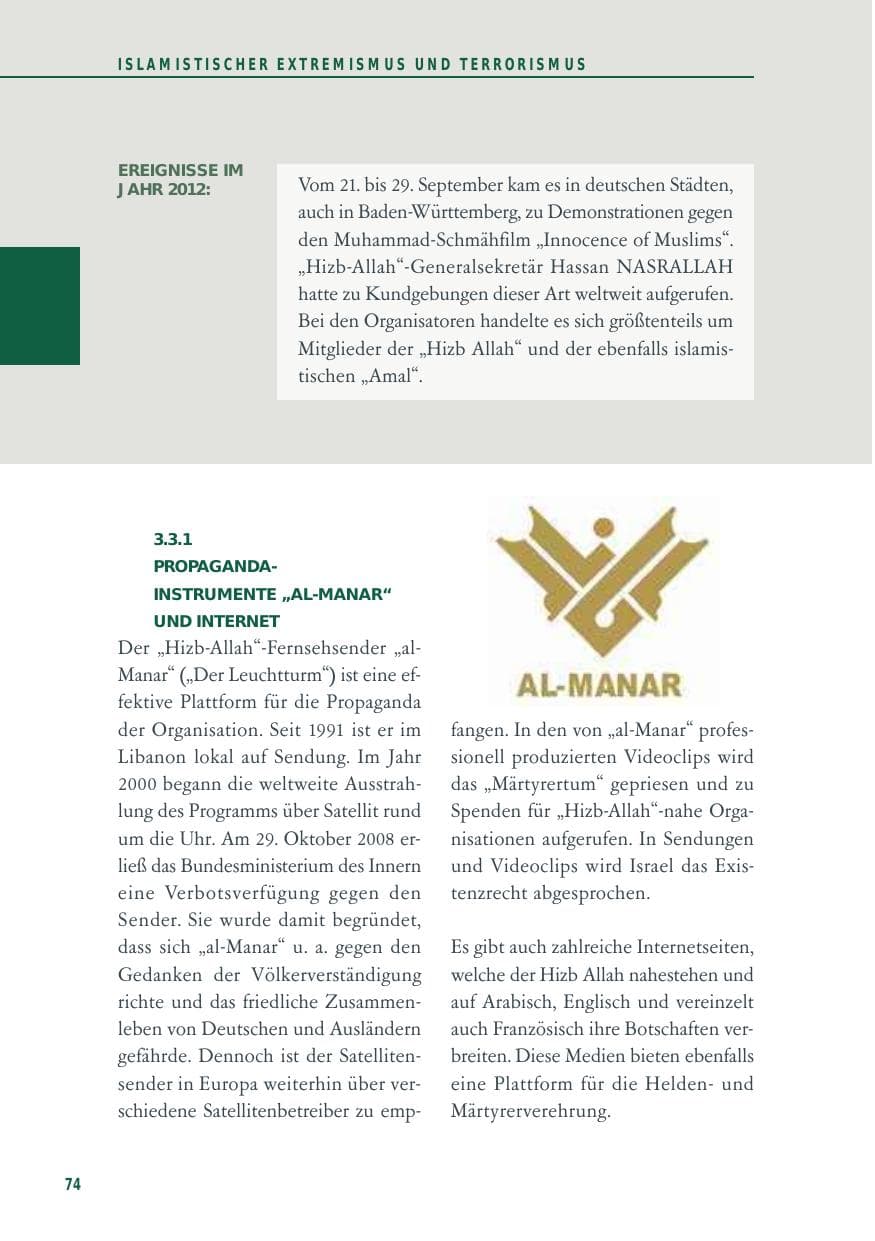 Seite 74 des Verfassungsschutzbericht 2012 Baden-Württemberg