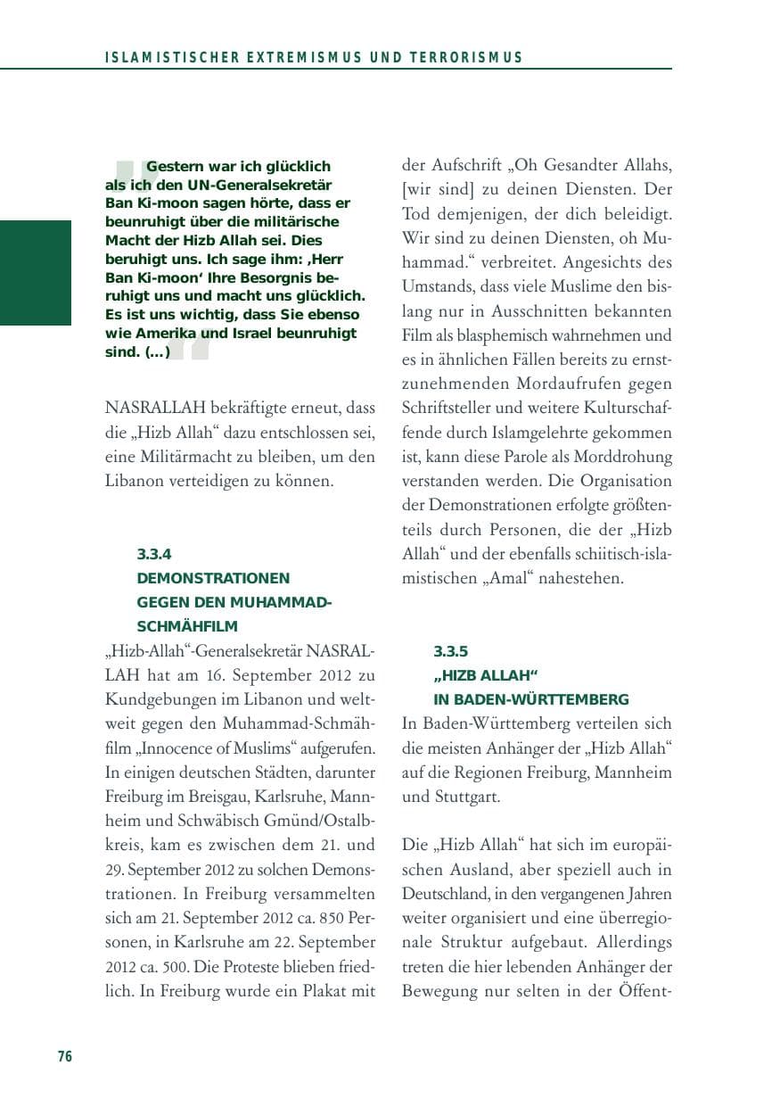 Seite 76 des Verfassungsschutzbericht 2012 Baden-Württemberg