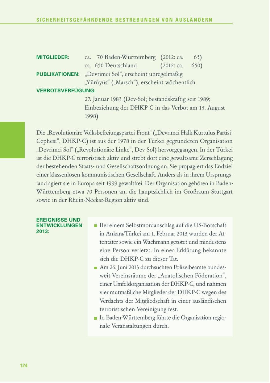 Seite 124 des Verfassungsschutzbericht 2013 Baden-Württemberg