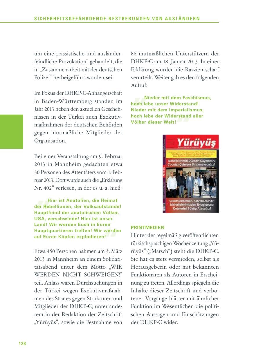 Seite 128 des Verfassungsschutzbericht 2013 Baden-Württemberg