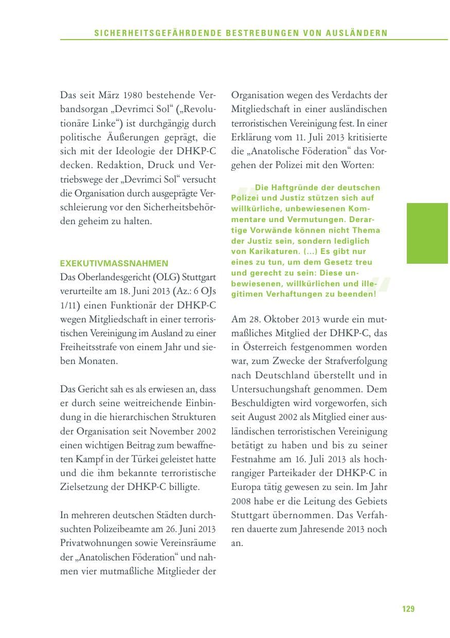 Seite 129 des Verfassungsschutzbericht 2013 Baden-Württemberg