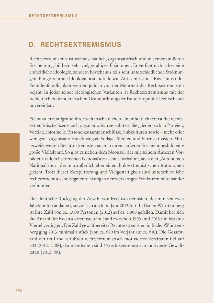 Seite 142 des Verfassungsschutzbericht 2013 Baden-Württemberg