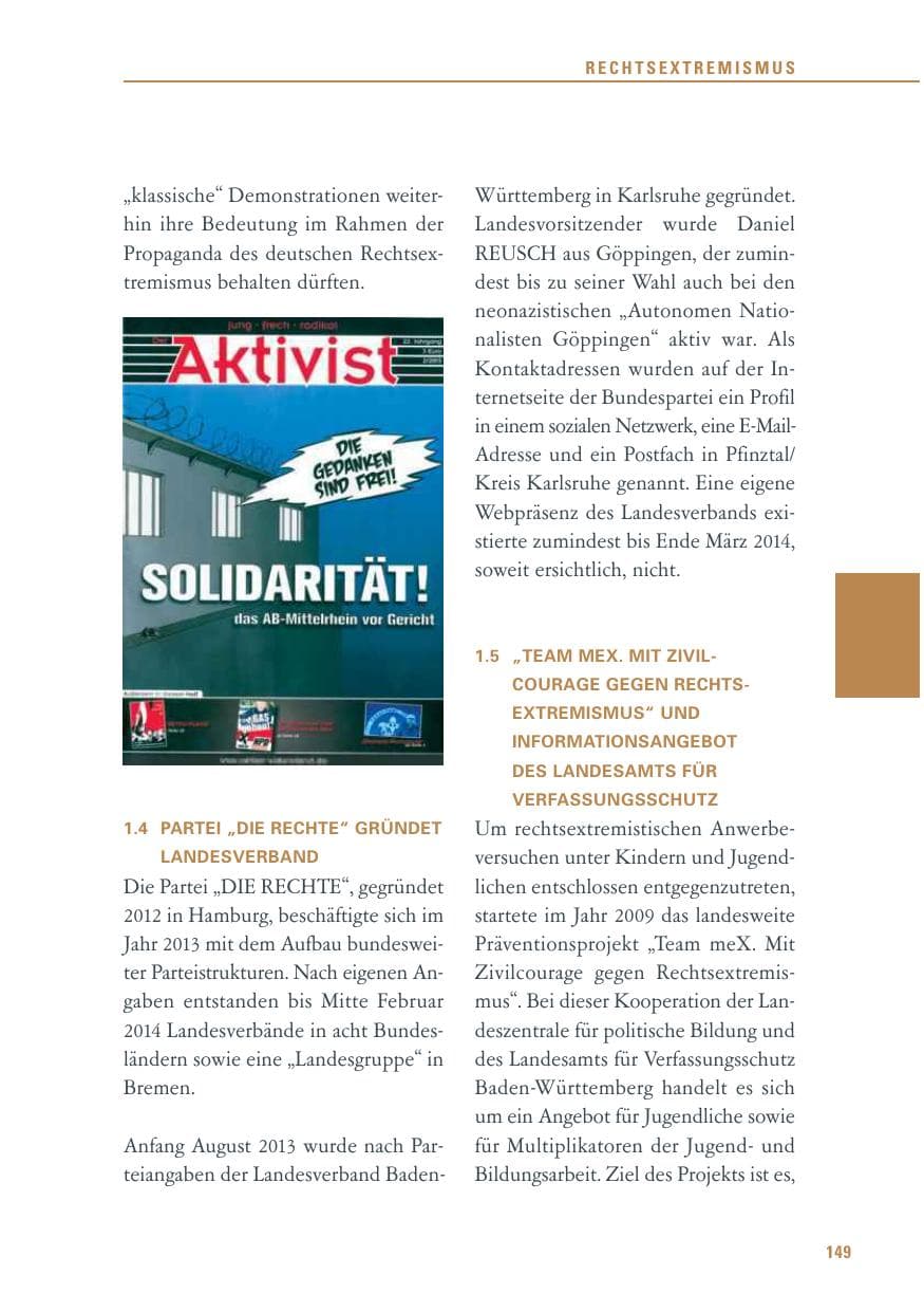 Seite 149 des Verfassungsschutzbericht 2013 Baden-Württemberg