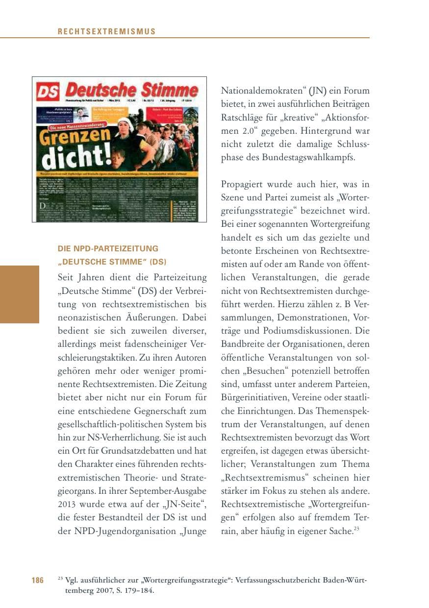 Seite 186 des Verfassungsschutzbericht 2013 Baden-Württemberg