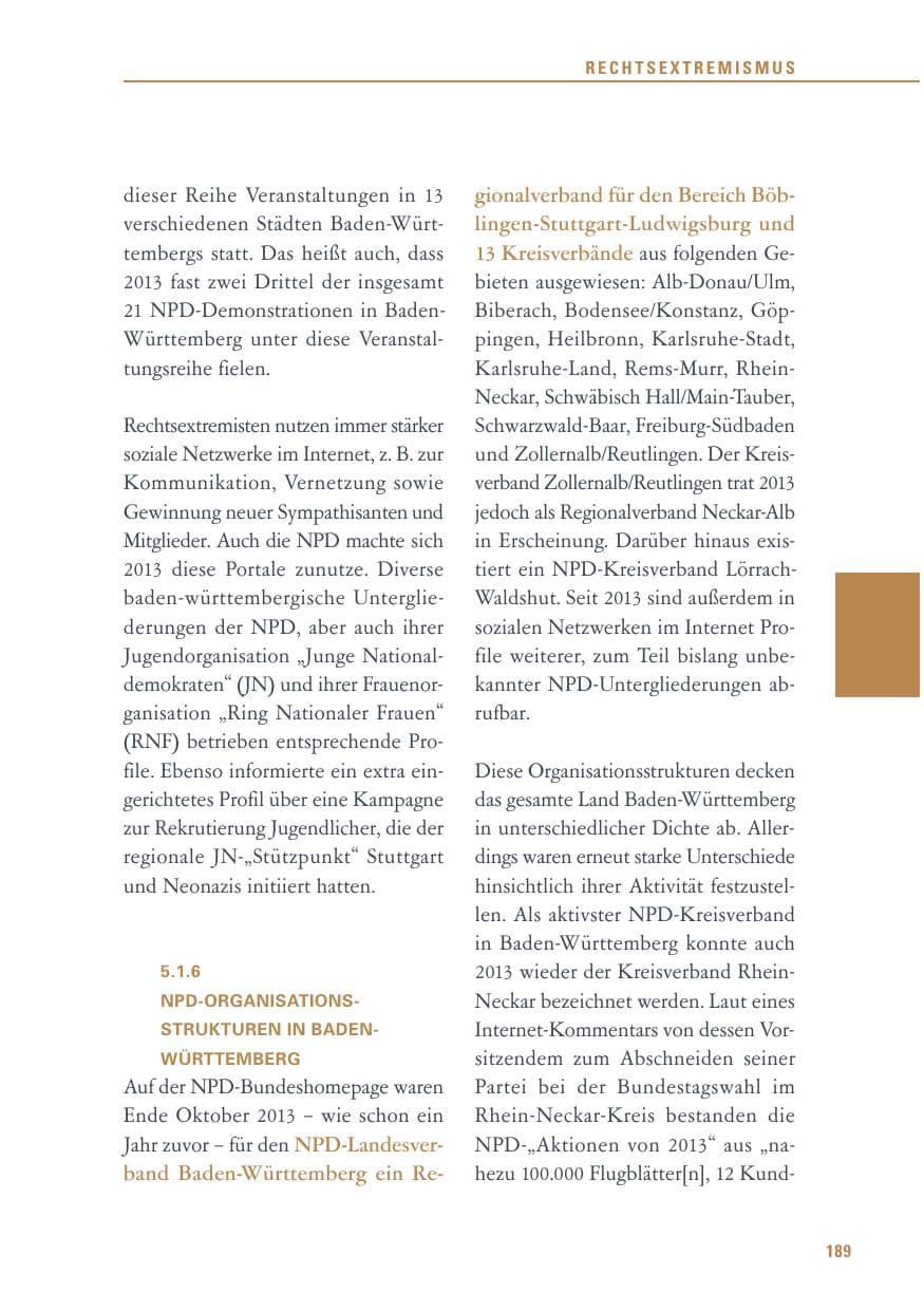 Seite 189 des Verfassungsschutzbericht 2013 Baden-Württemberg