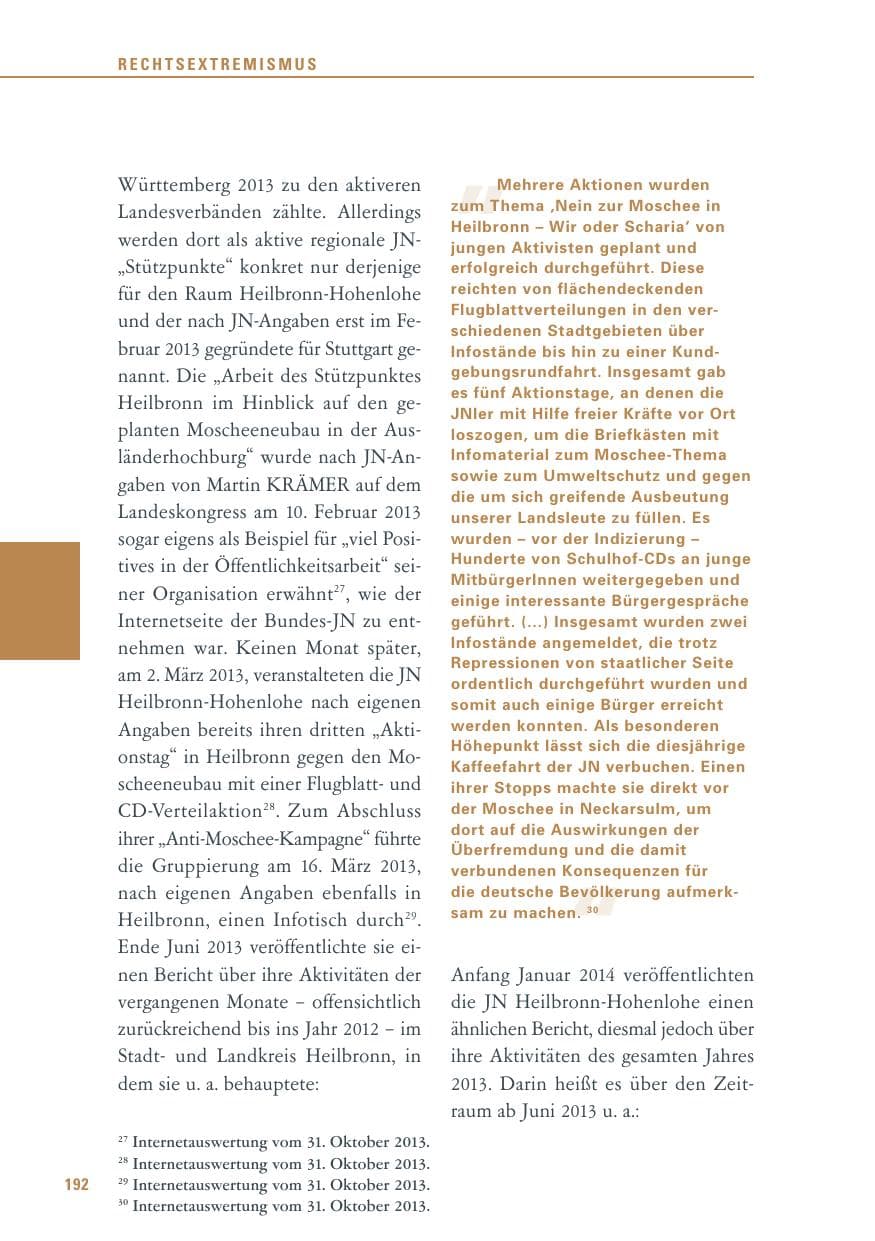Seite 192 des Verfassungsschutzbericht 2013 Baden-Württemberg