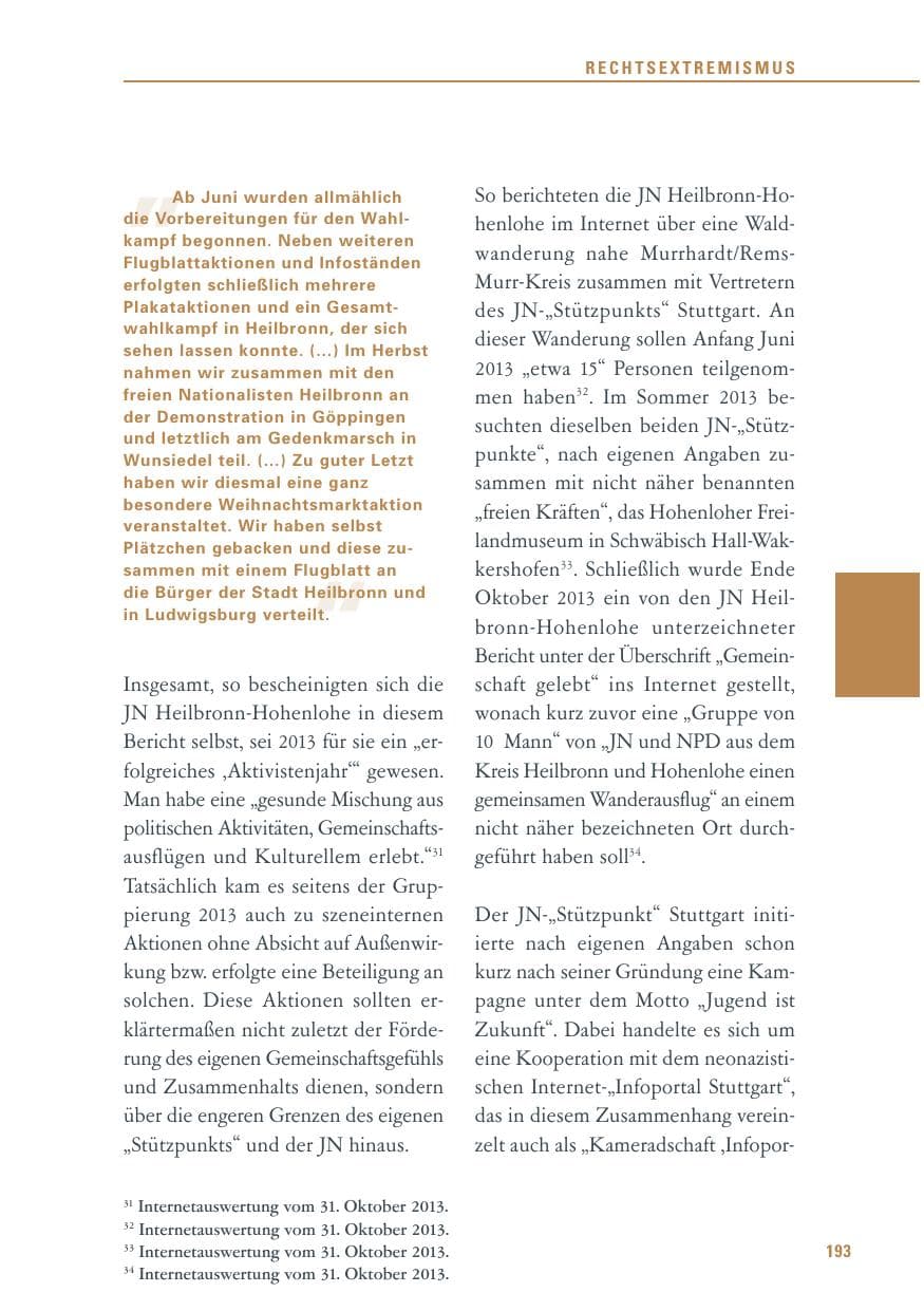 Seite 193 des Verfassungsschutzbericht 2013 Baden-Württemberg