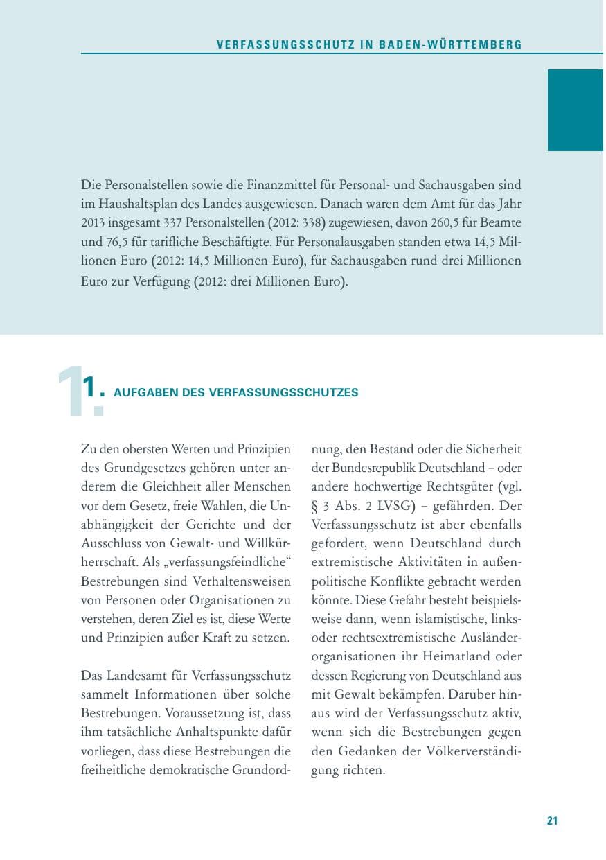 Seite 21 des Verfassungsschutzbericht 2013 Baden-Württemberg