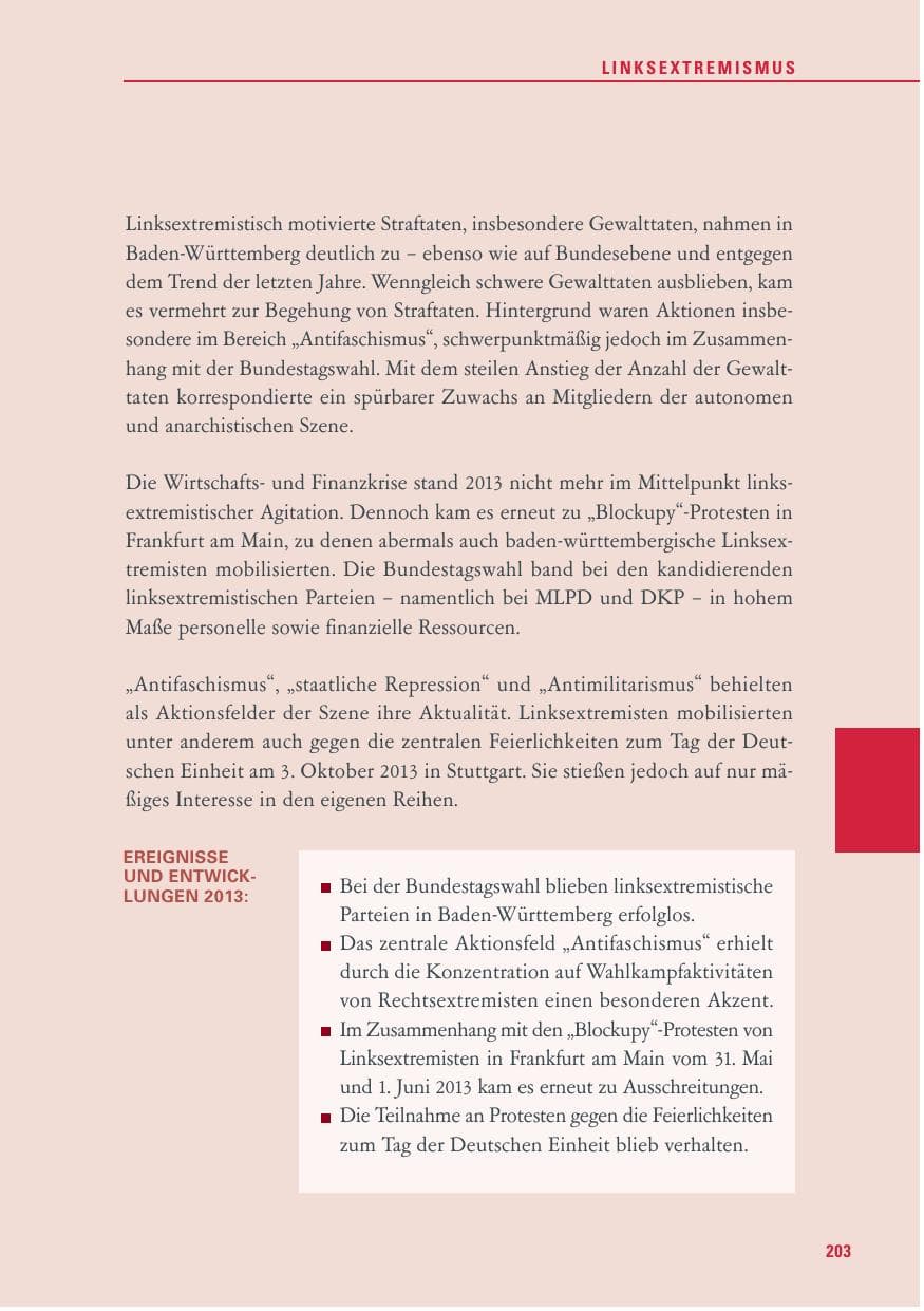 Seite 203 des Verfassungsschutzbericht 2013 Baden-Württemberg