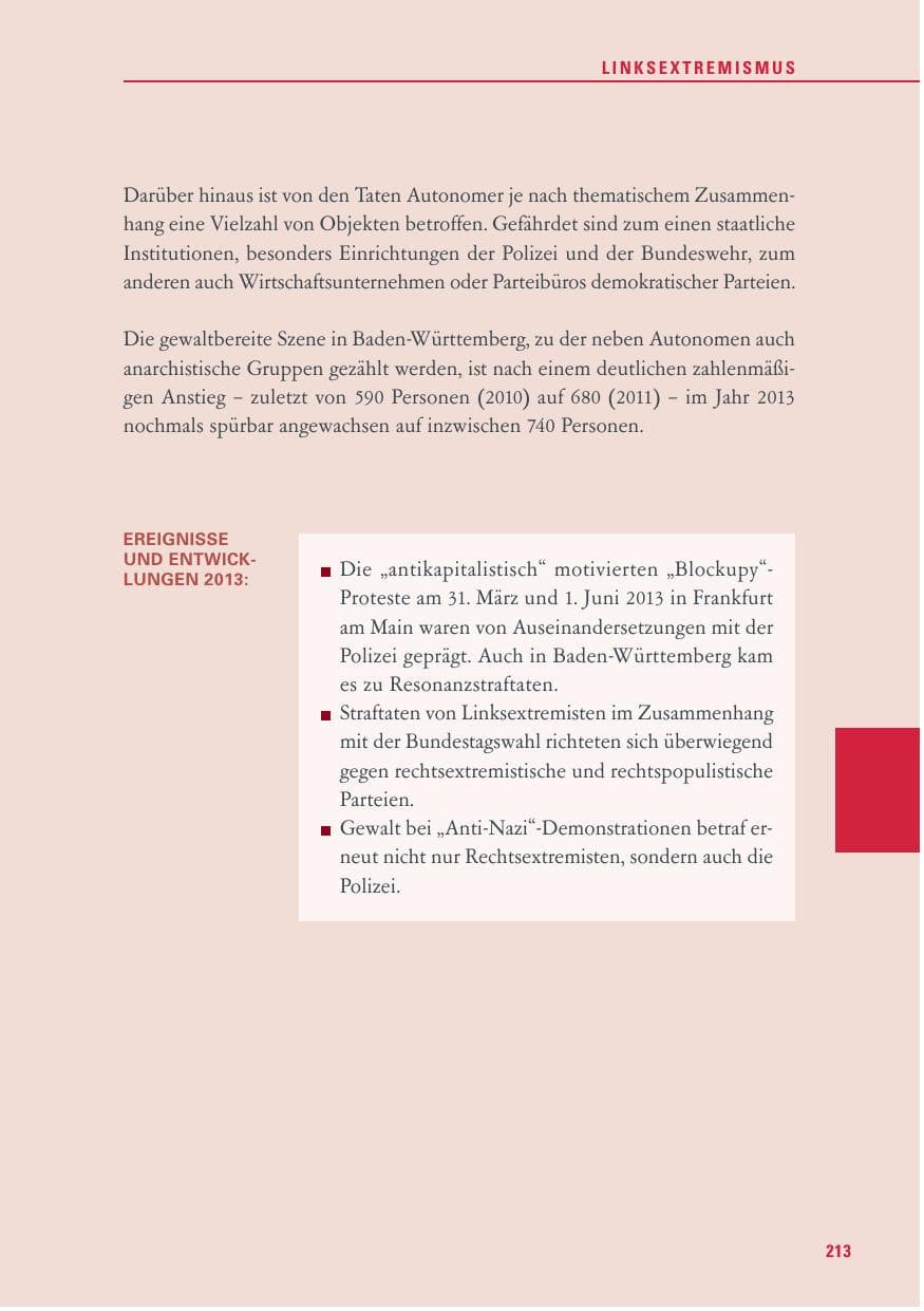 Seite 213 des Verfassungsschutzbericht 2013 Baden-Württemberg