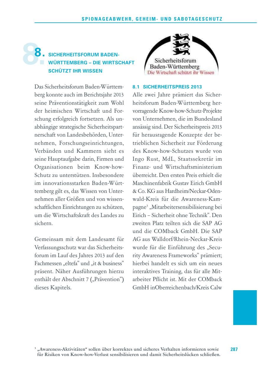 Seite 287 des Verfassungsschutzbericht 2013 Baden-Württemberg