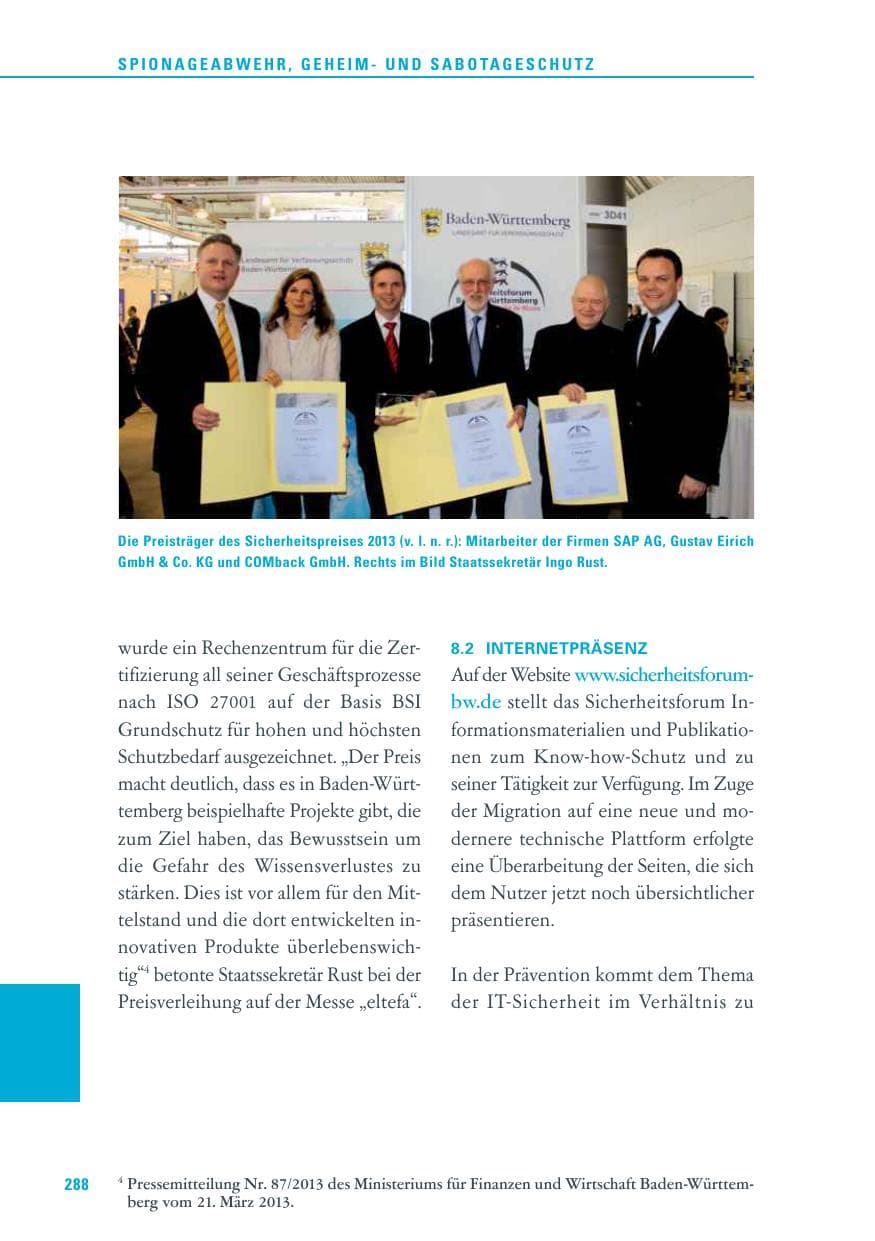 Seite 288 des Verfassungsschutzbericht 2013 Baden-Württemberg