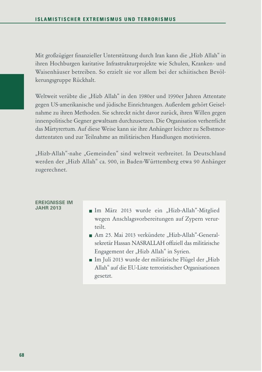 Seite 68 des Verfassungsschutzbericht 2013 Baden-Württemberg