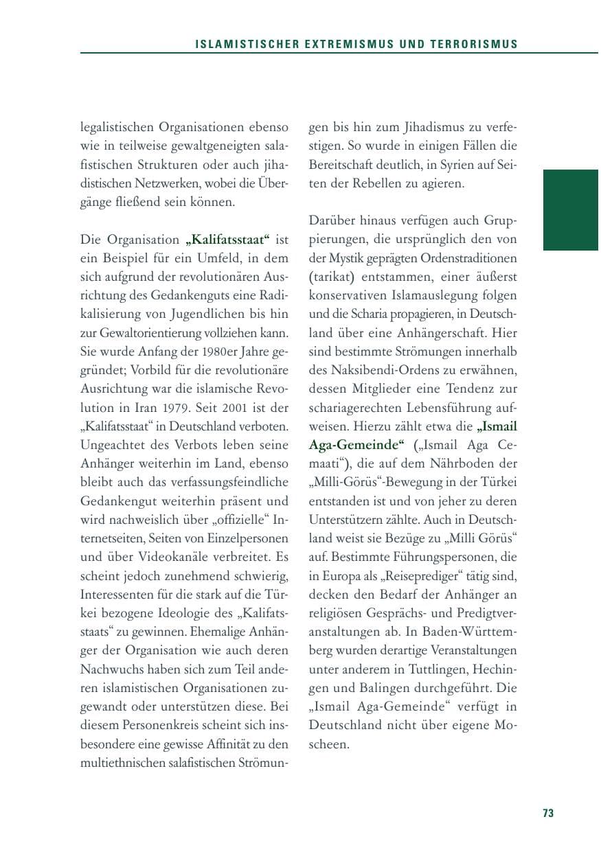 Seite 73 des Verfassungsschutzbericht 2013 Baden-Württemberg