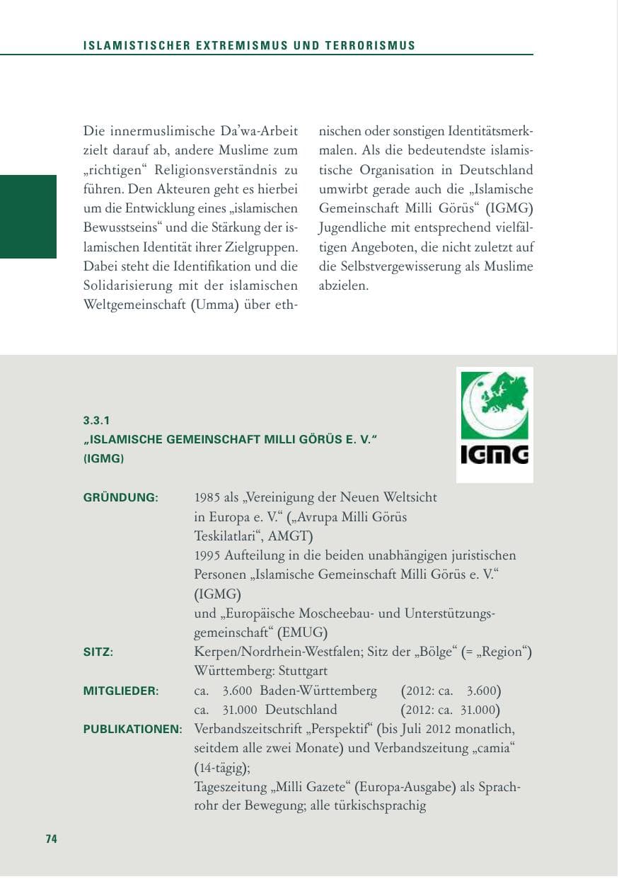 Seite 74 des Verfassungsschutzbericht 2013 Baden-Württemberg