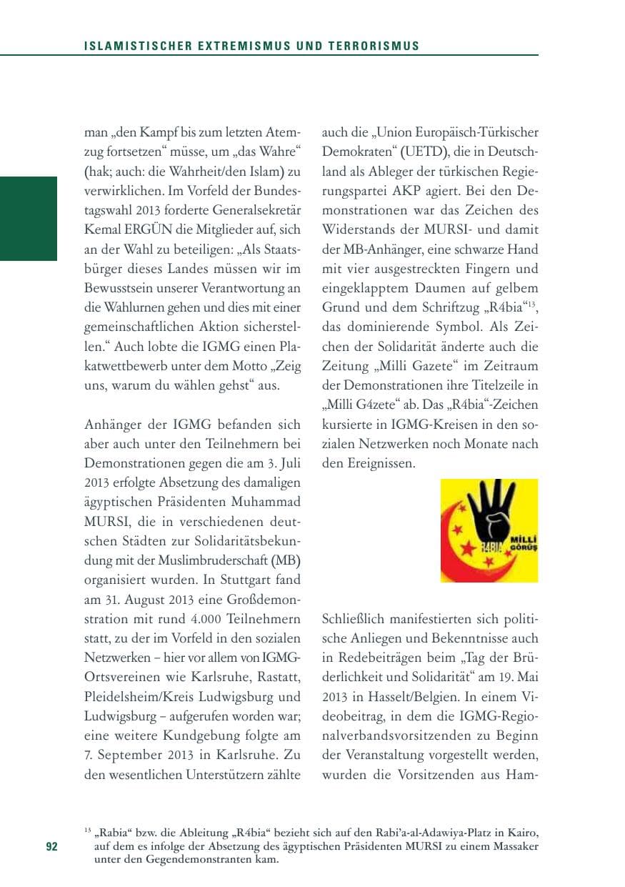 Seite 92 des Verfassungsschutzbericht 2013 Baden-Württemberg