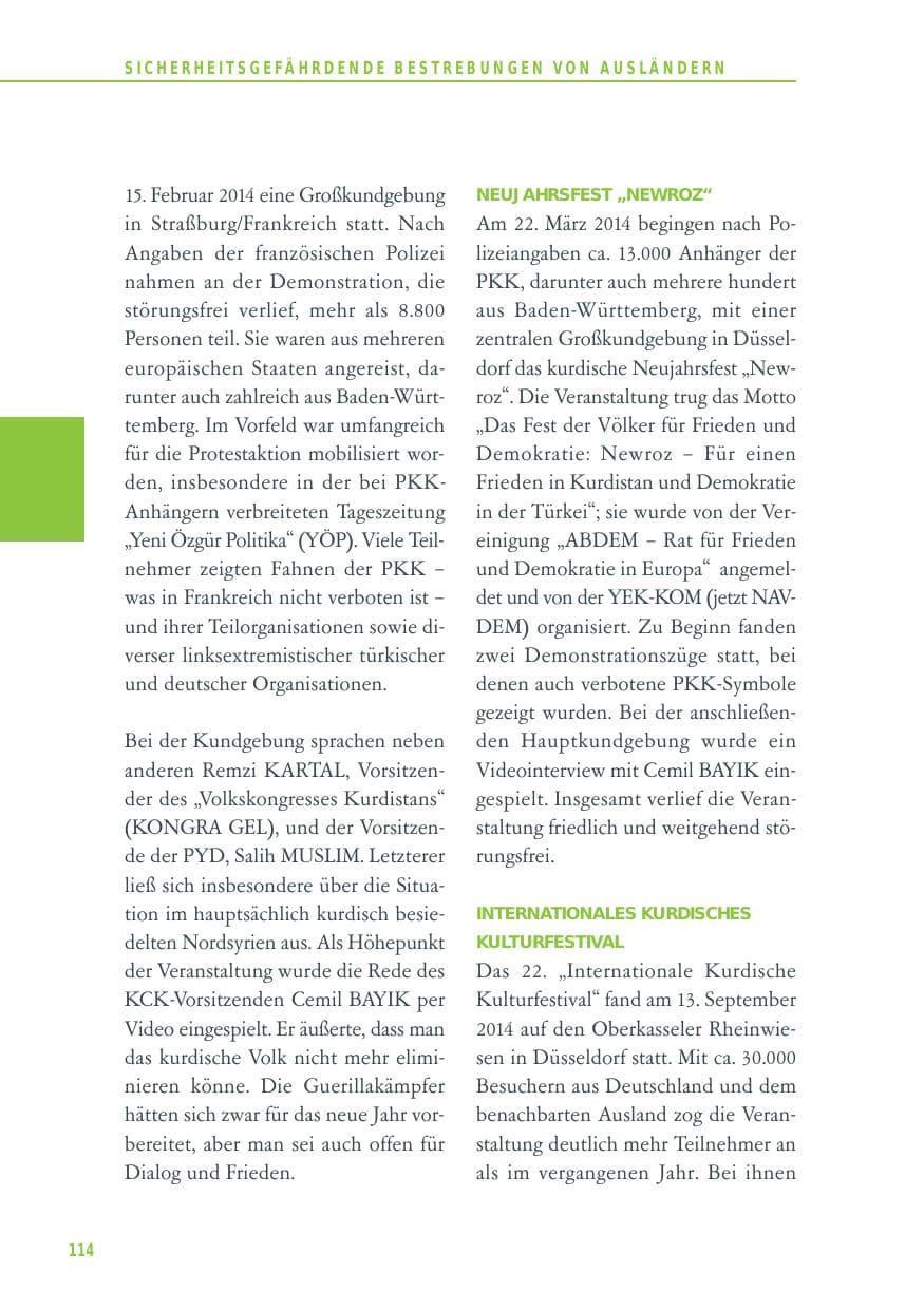 Seite 114 des Verfassungsschutzbericht 2014 Baden-Württemberg