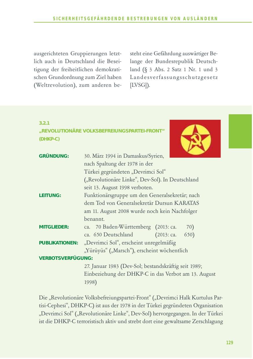Seite 129 des Verfassungsschutzbericht 2014 Baden-Württemberg