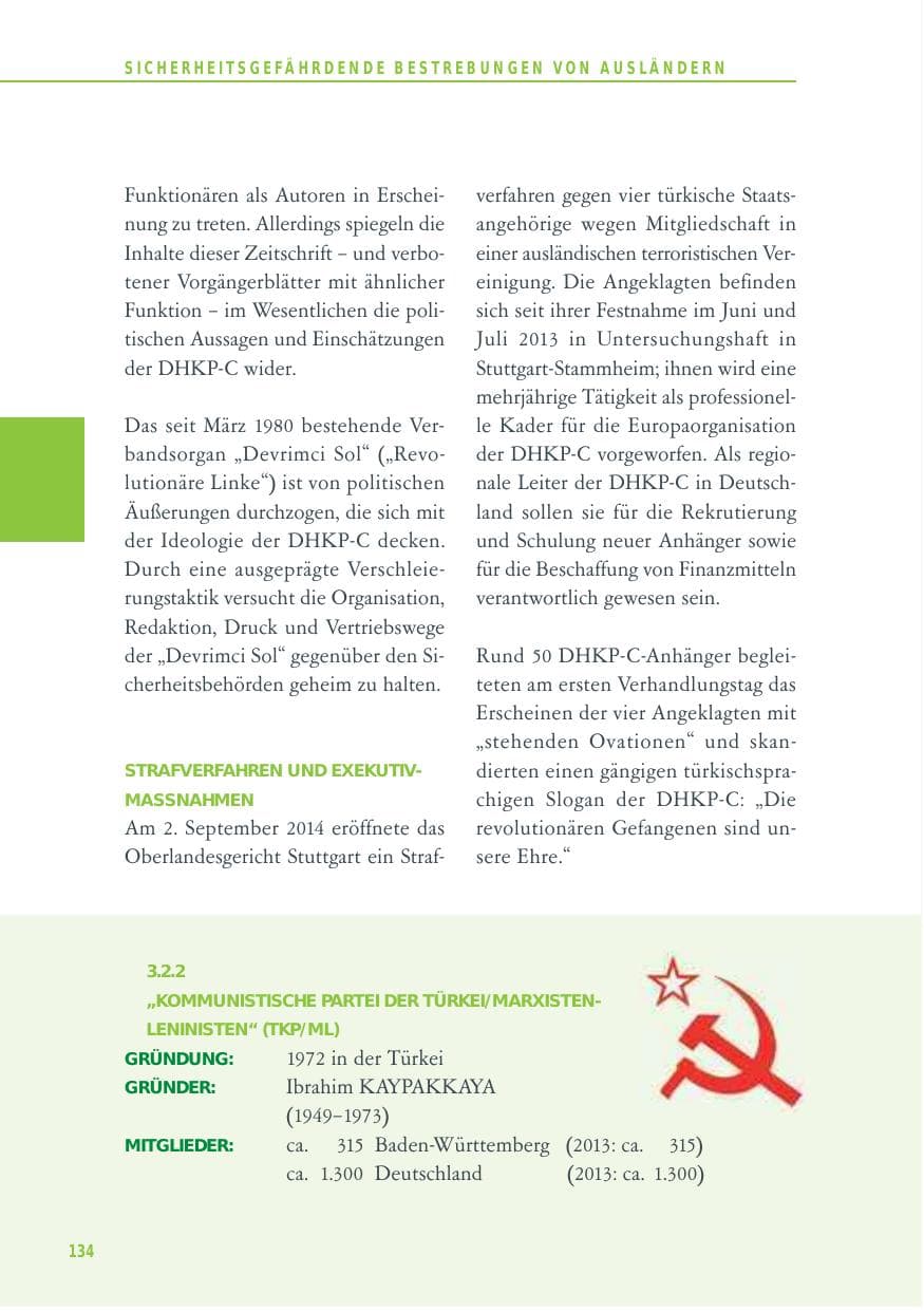 Seite 134 des Verfassungsschutzbericht 2014 Baden-Württemberg