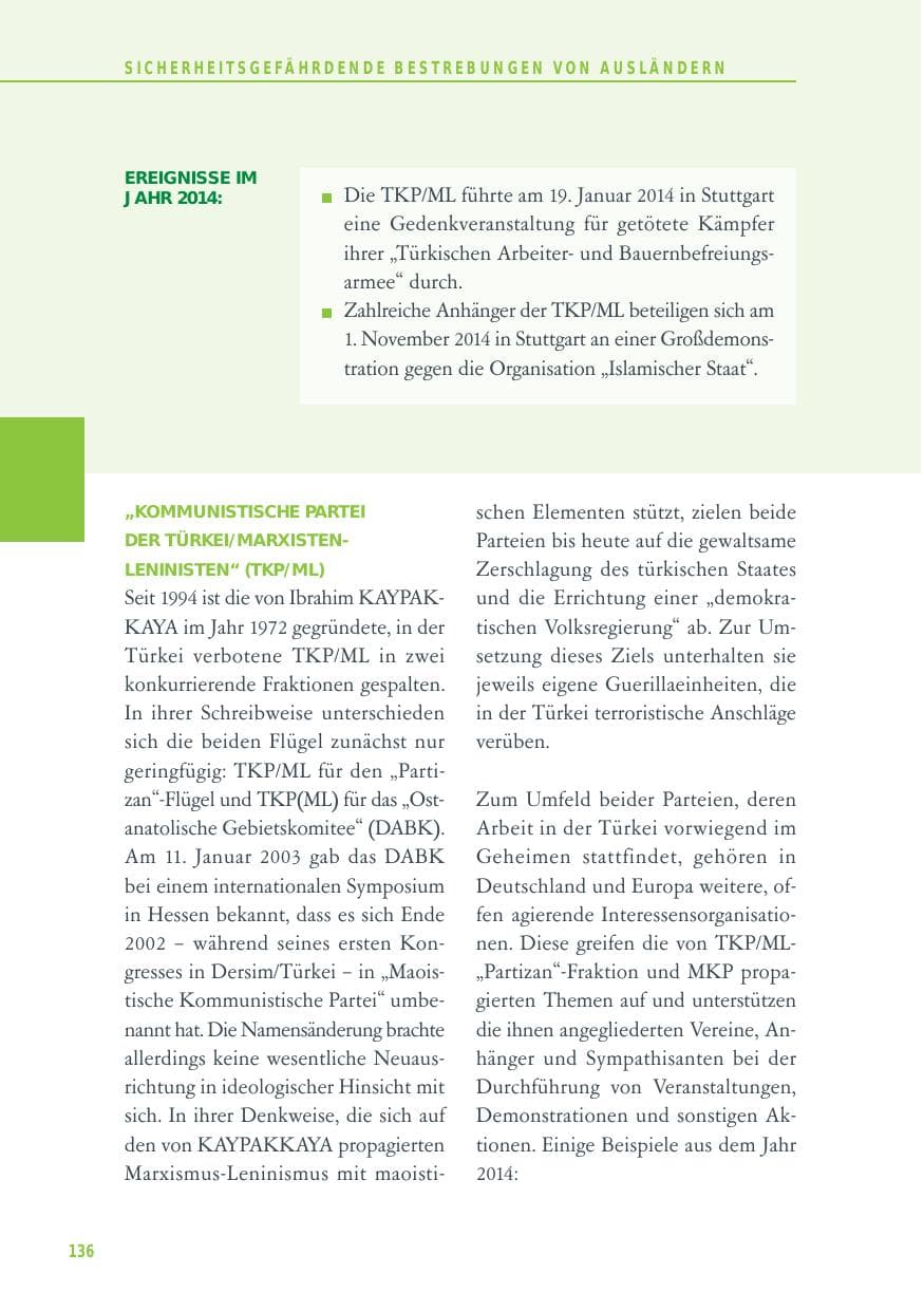 Seite 136 des Verfassungsschutzbericht 2014 Baden-Württemberg