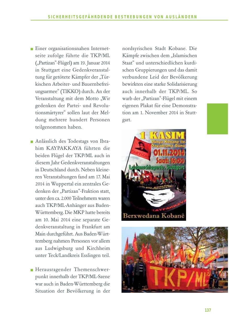Seite 137 des Verfassungsschutzbericht 2014 Baden-Württemberg