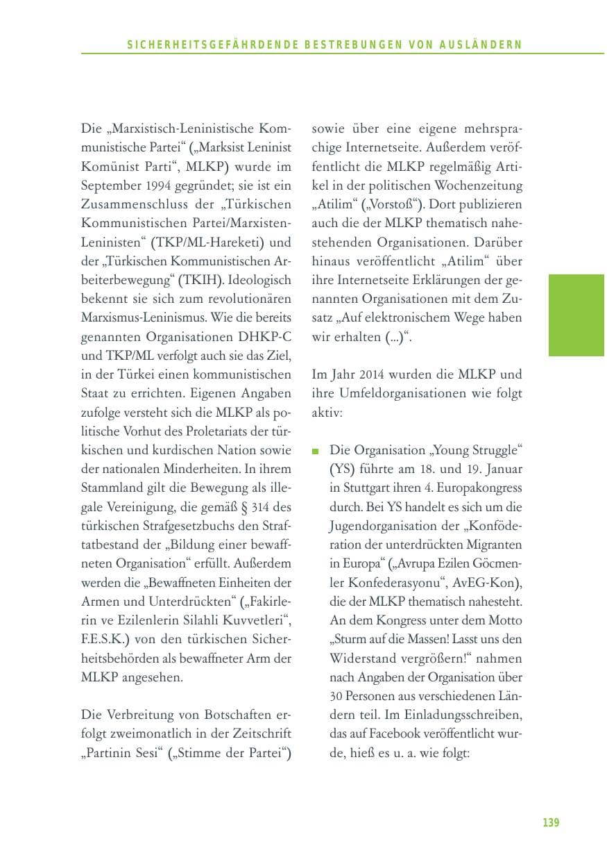 Seite 139 des Verfassungsschutzbericht 2014 Baden-Württemberg