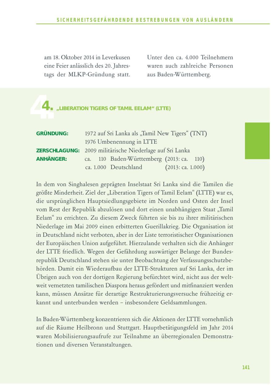 Seite 141 des Verfassungsschutzbericht 2014 Baden-Württemberg