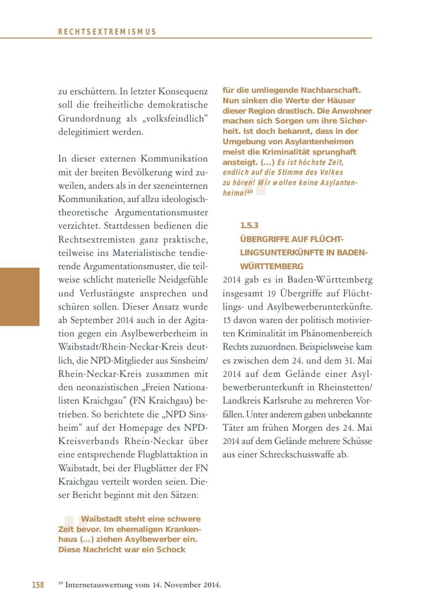 Seite 158 des Verfassungsschutzbericht 2014 Baden-Württemberg