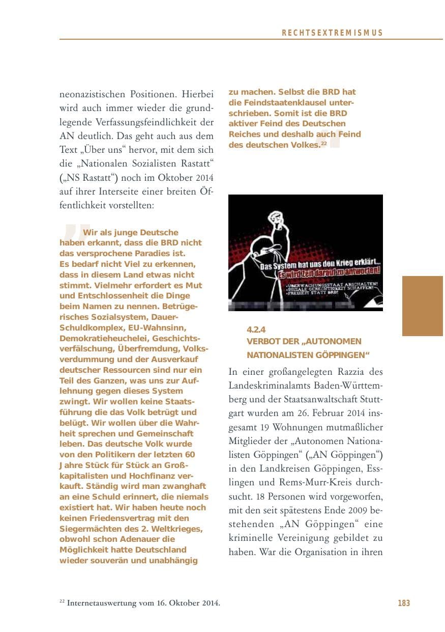 Seite 183 des Verfassungsschutzbericht 2014 Baden-Württemberg
